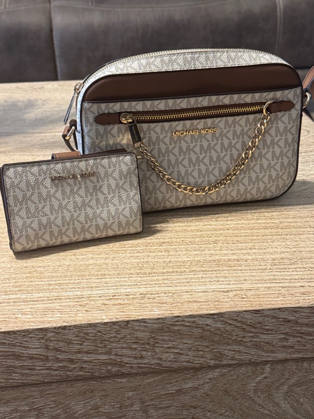 Michael Kors Beige & Brown MK Monogram Crossbody with Wallet Set